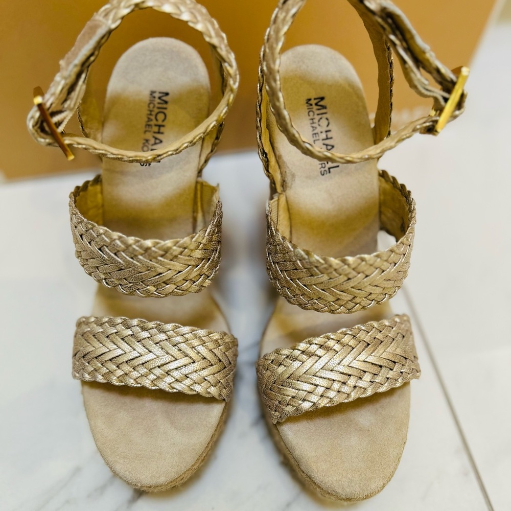 Michael Kors Gold Braided Sandals with Ankle Strap